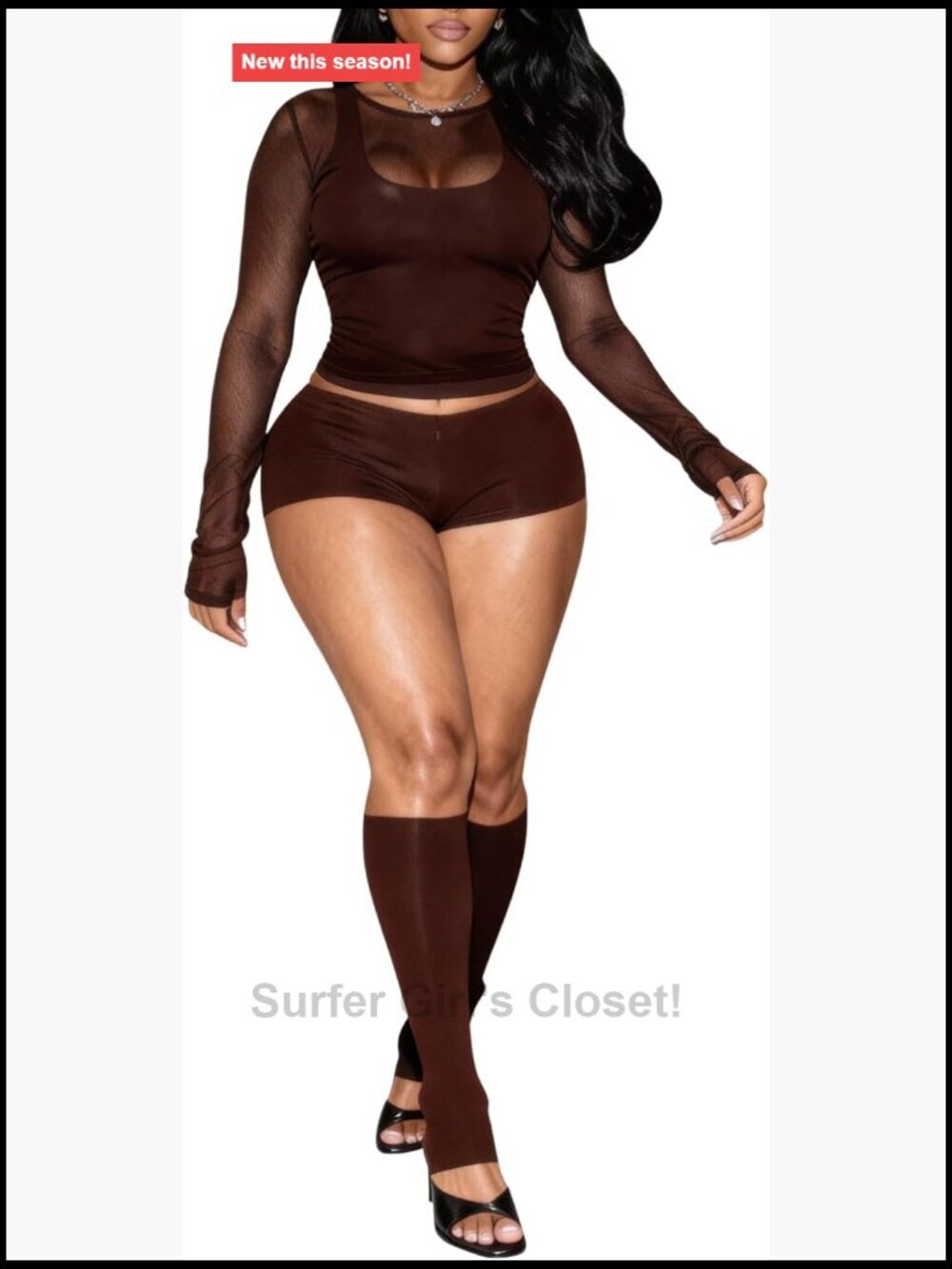 3 Piece Sheer Mesh Long Sleeve Top Tank Bodycon Short Set w/ Calf Sleeve
